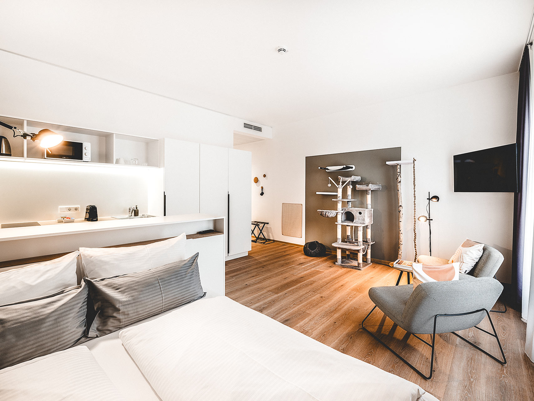 Haustierfreundliches Apartment mit Küche, Bett und Kratzbaum in einer Unterkunft in Herzogenaurach
